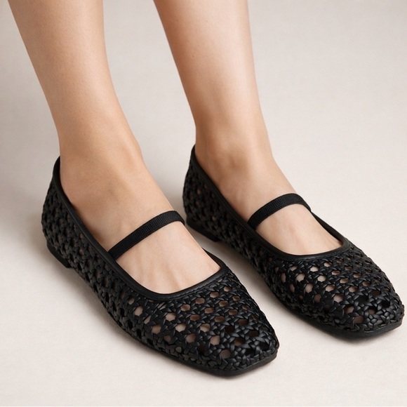 Joie Shoes - Joie Black Woven Mary Jane Ballet Flats Size 8 Square Toe Weavy